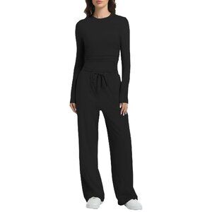 Women's Long Sleeve Wide Leg Lounge Set Soft Jersey Tracksuit